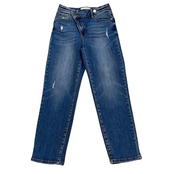 Risen Jeans Women's Juniors 1 / 25 Blue Crossover Distressed Denim Straight Leg - Picture 1 of 13